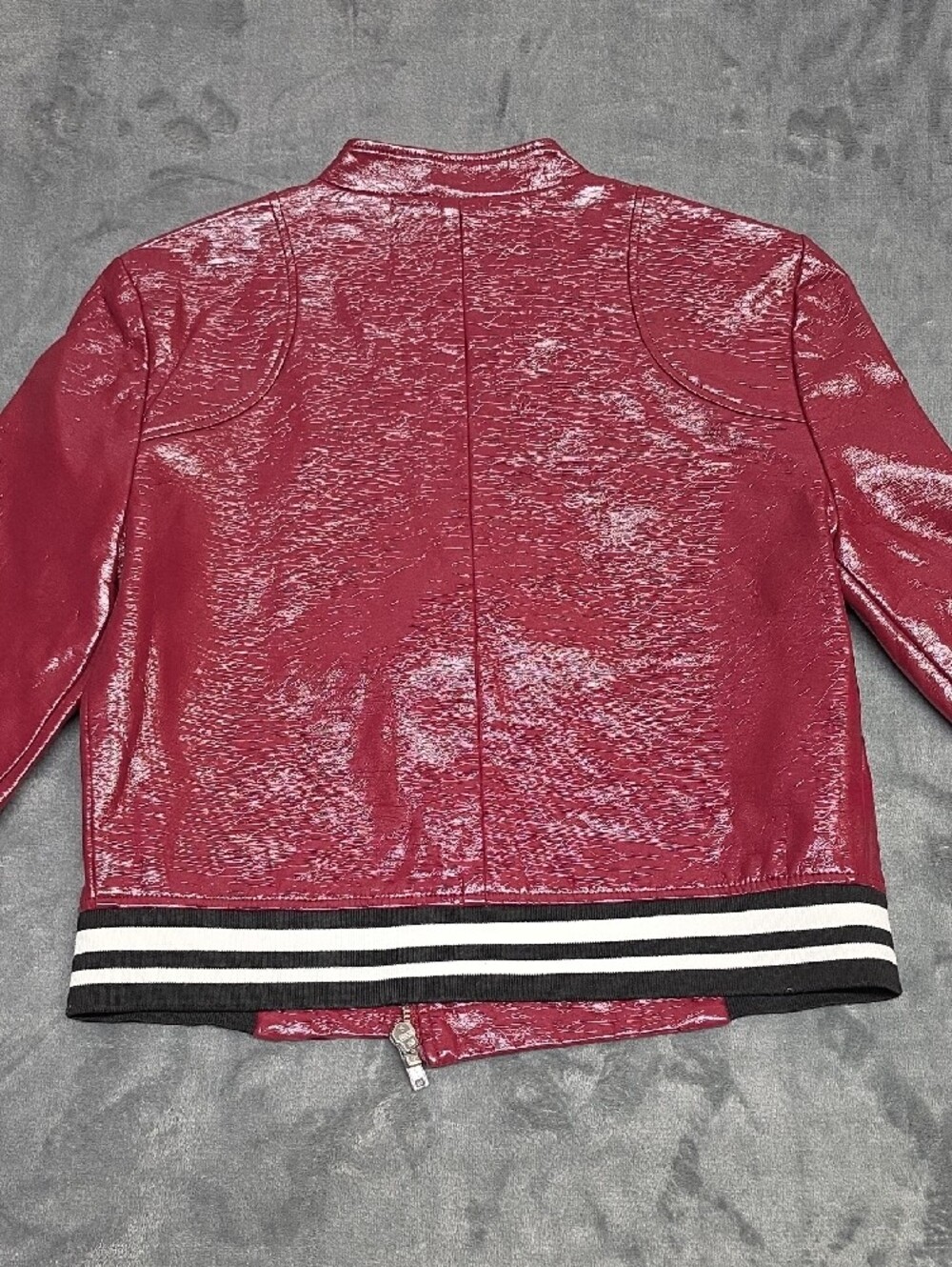 BCBGeneration XXS Glossy Burgundy Vegan Leather Bomber Jacket with Striped Cuffs - Picture 8 of 9